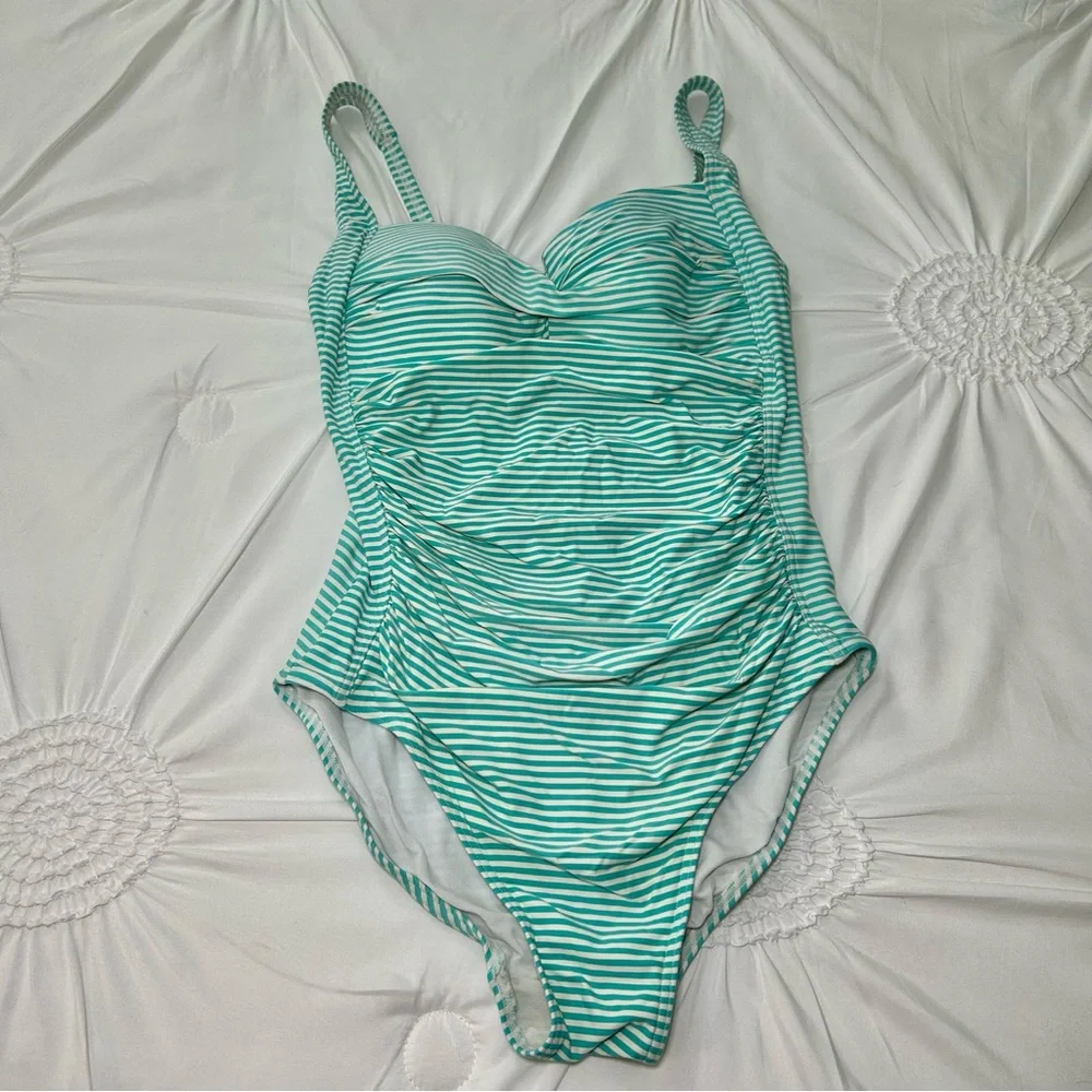 Bond-Eye Australia Green White Stripe Ruch Mid Section One Piece Swimsuit 6D/DD